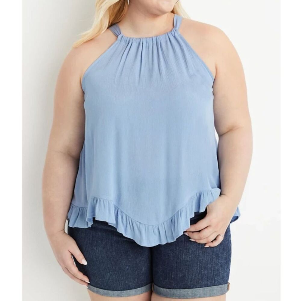 Maurices Blue Solid Ruffle Halter Top Women's size Large